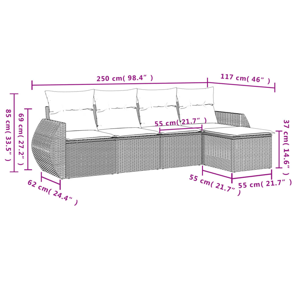 5-delige Loungeset met kussens poly rattan zwart – afbeelding 7