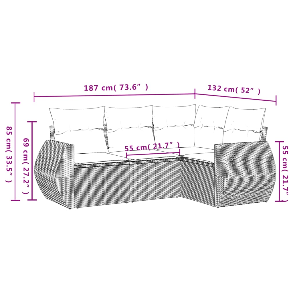 4-delige Loungeset met kussens poly rattan zwart – afbeelding 3