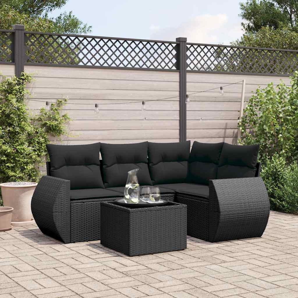 5-delige Loungeset met kussens poly rattan zwart – afbeelding 1
