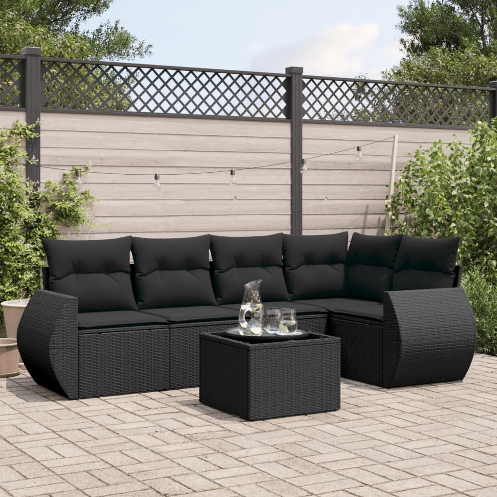 6-delige Loungeset met kussens poly rattan zwart – afbeelding 1
