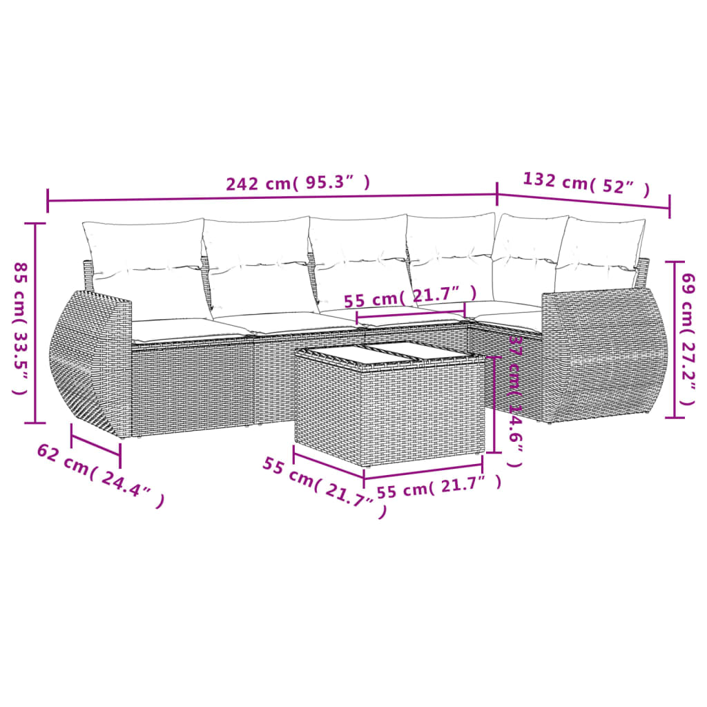 6-delige Loungeset met kussens poly rattan zwart – afbeelding 8