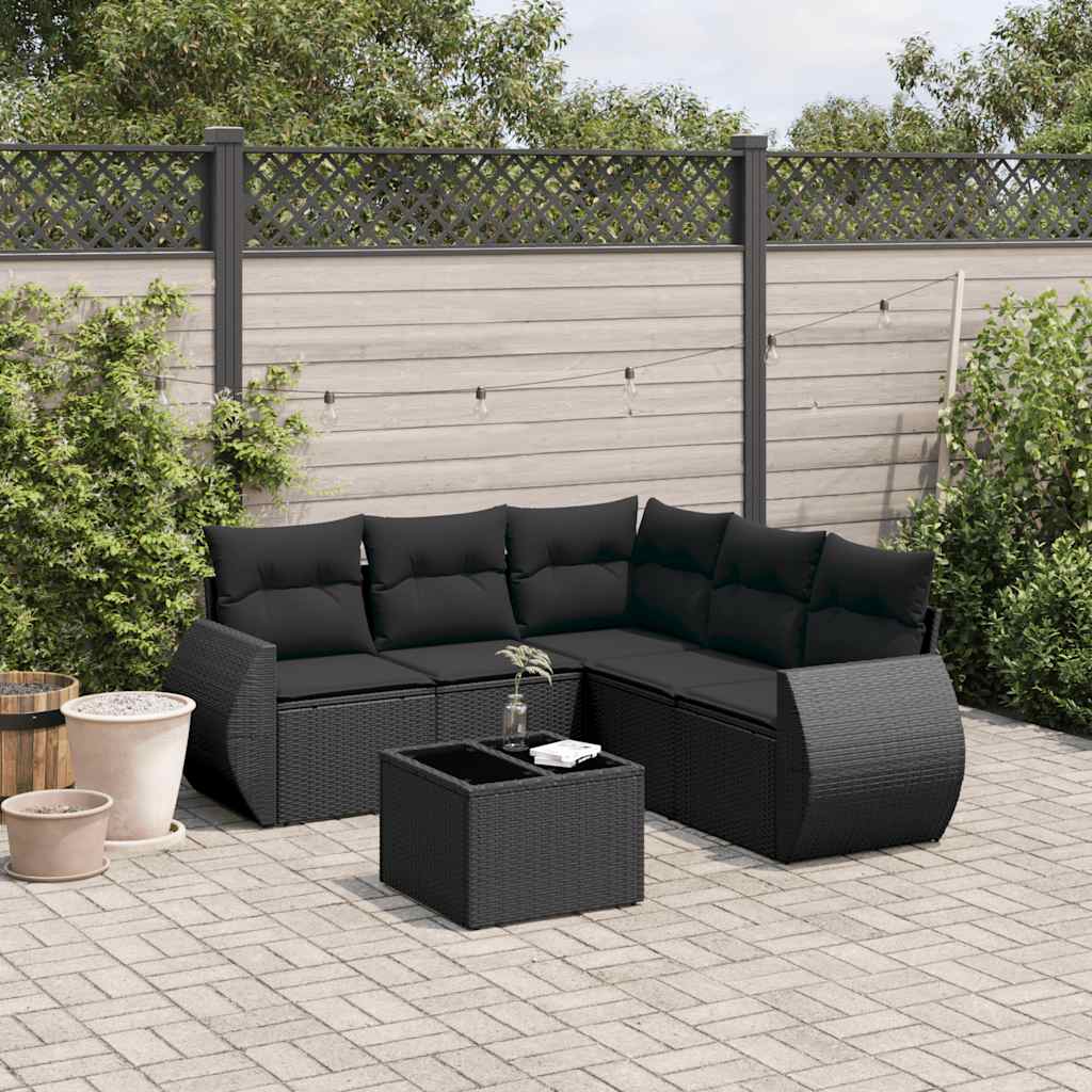6-delige Loungeset met kussens poly rattan zwart – afbeelding 1