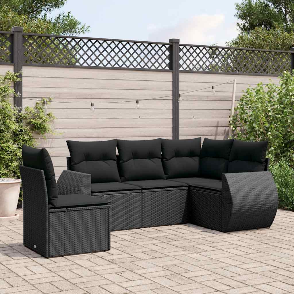 5-delige Loungeset met kussens poly rattan zwart