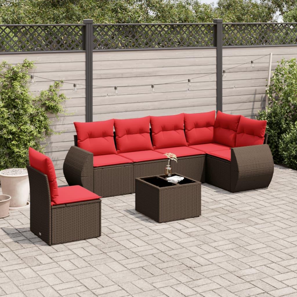7-delige tuinbankset met kussens, bruin polyrotan – afbeelding 1