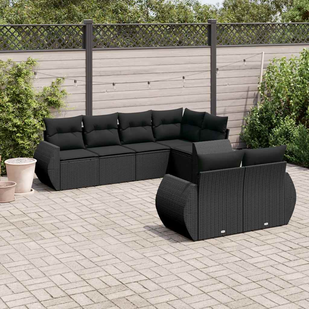7-delige Loungeset met kussens poly rattan zwart – afbeelding 1