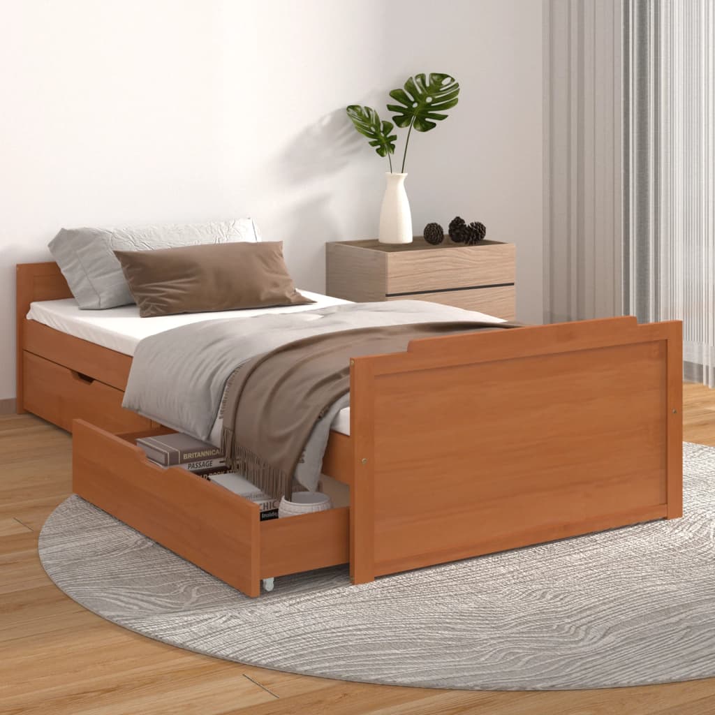 Bedframe met lades massief grenenhout honingbruin 90x200 cm – afbeelding 1