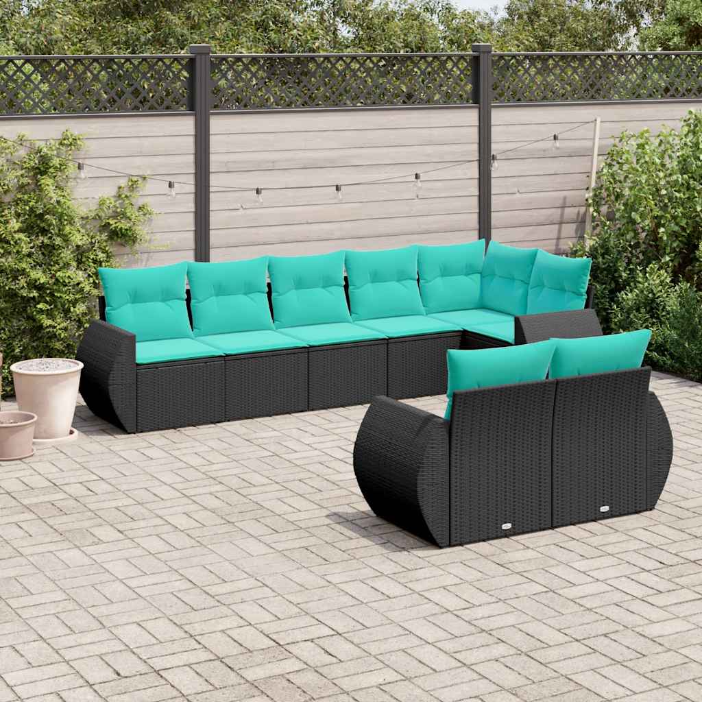 8-delige tuinbankset met kussens, zwart polyrotan – afbeelding 1