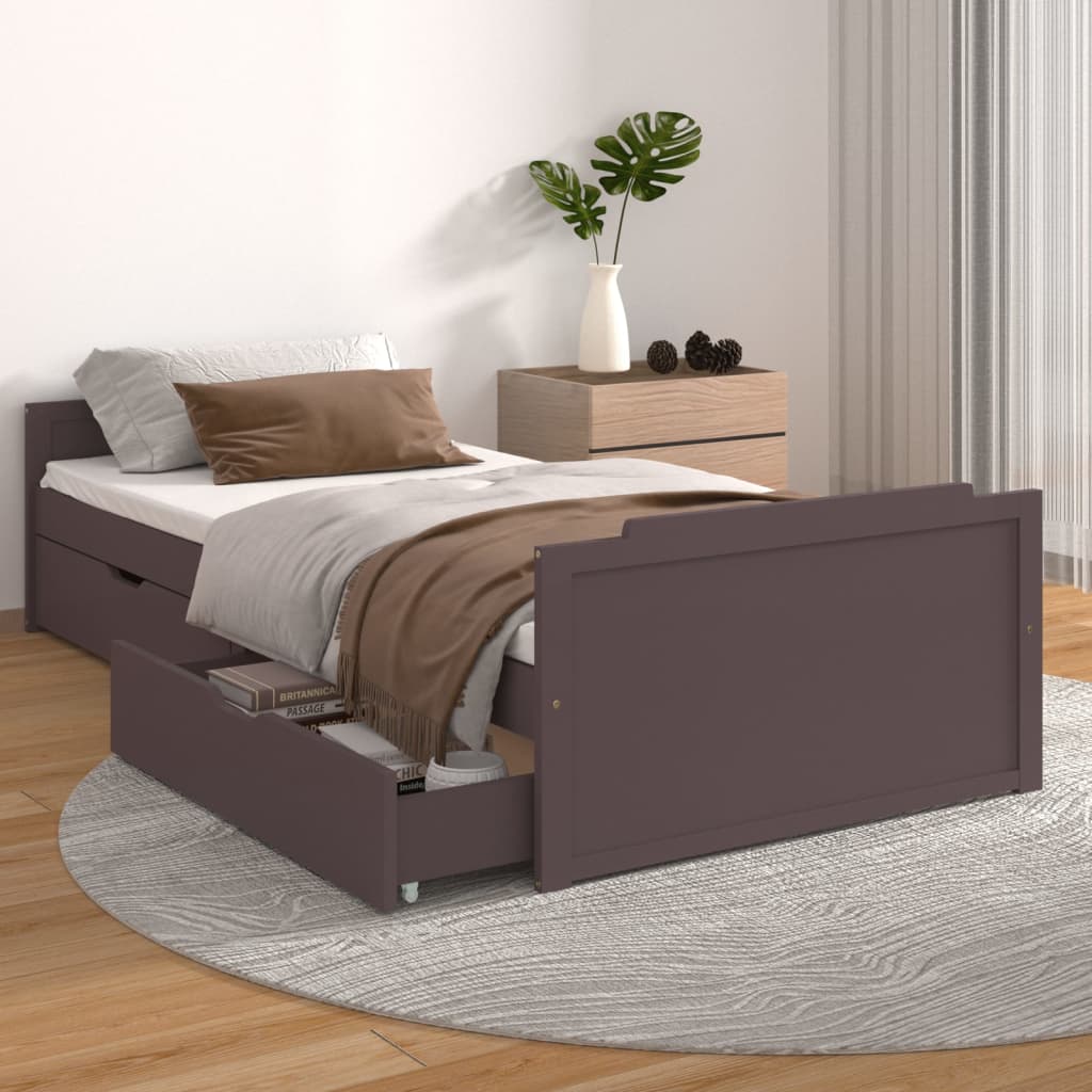 Bedframe met lades massief grenenhout donkerbruin 90x200 cm – afbeelding 1