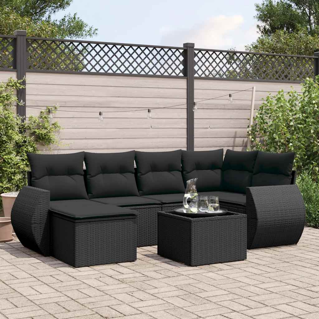 7-delige Loungeset met kussens poly rattan zwart – afbeelding 1