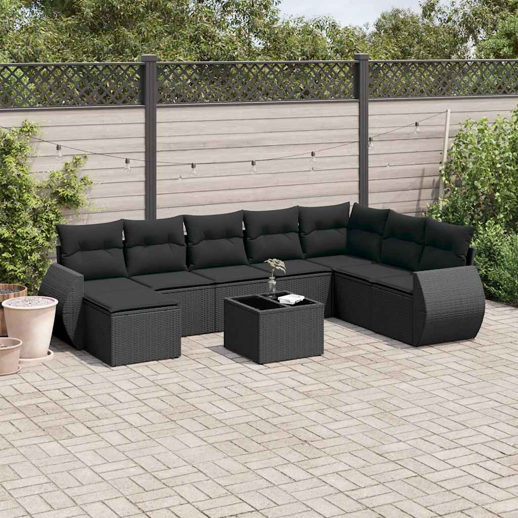 9-delige Loungeset met kussens poly rattan zwart – afbeelding 1