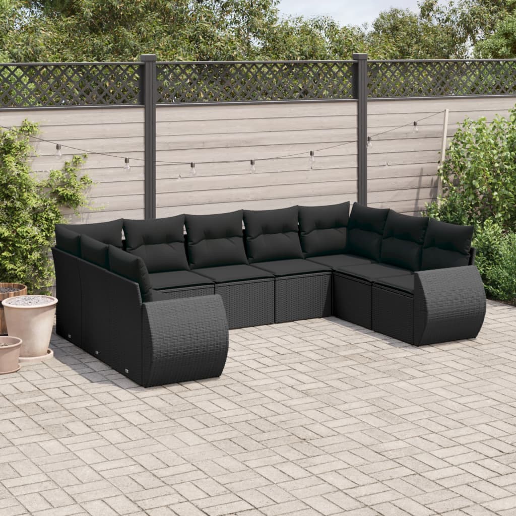 9-delige Loungeset met kussens poly rattan zwart – afbeelding 1