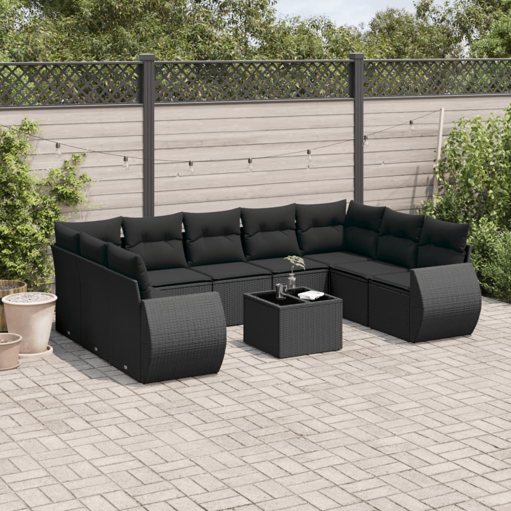 10-delige Loungeset met kussens poly rattan zwart – afbeelding 1