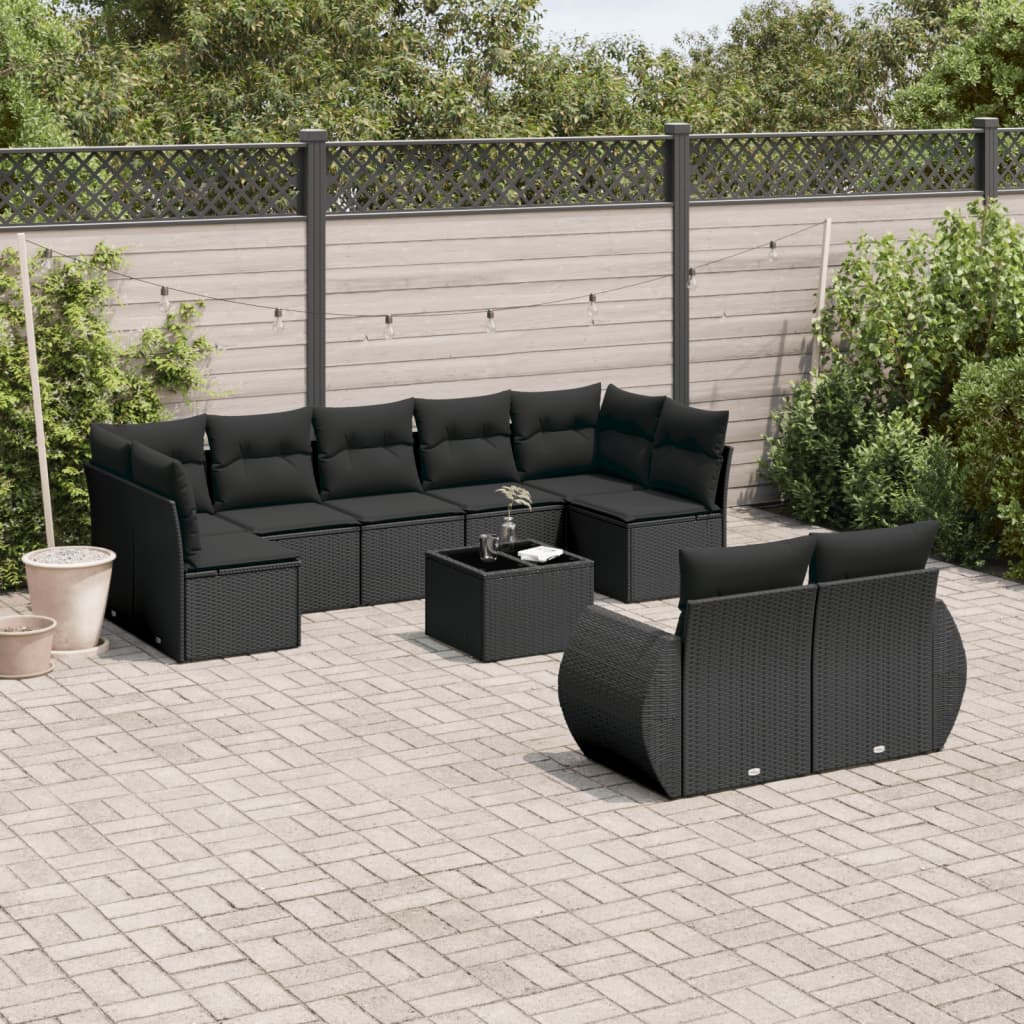 10-delige Loungeset met kussens poly rattan zwart – afbeelding 1