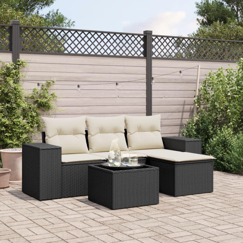 5-delige Loungeset met kussens poly rattan zwart – afbeelding 1