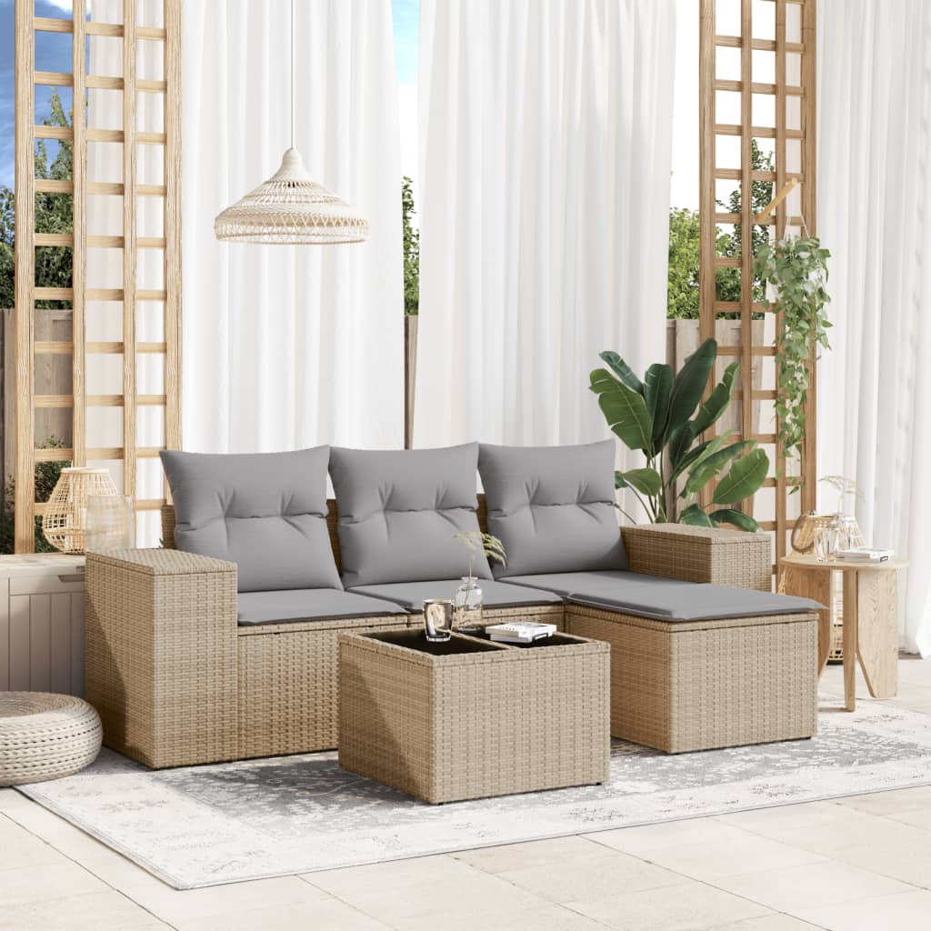 5-delige Loungeset met kussens poly rattan beige – afbeelding 1