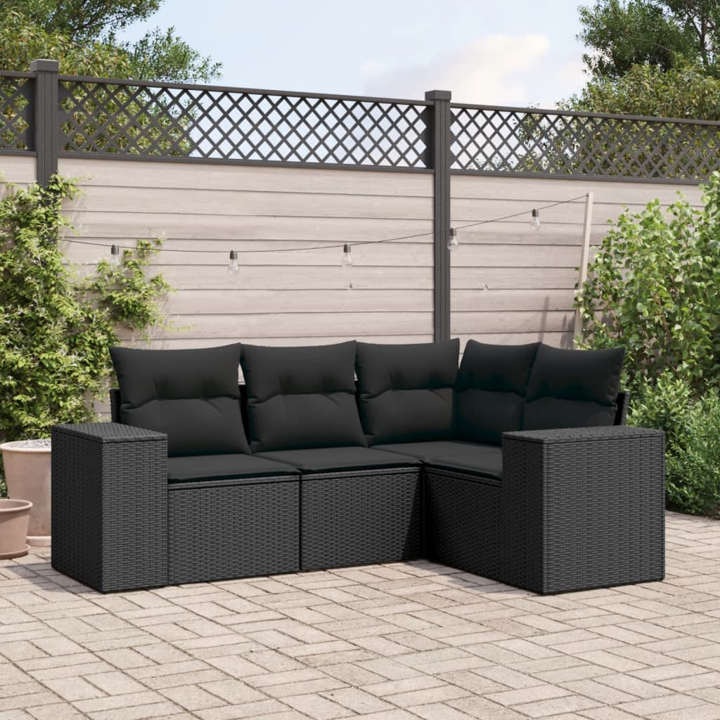 4-delige Loungeset met kussens poly rattan zwart – afbeelding 1