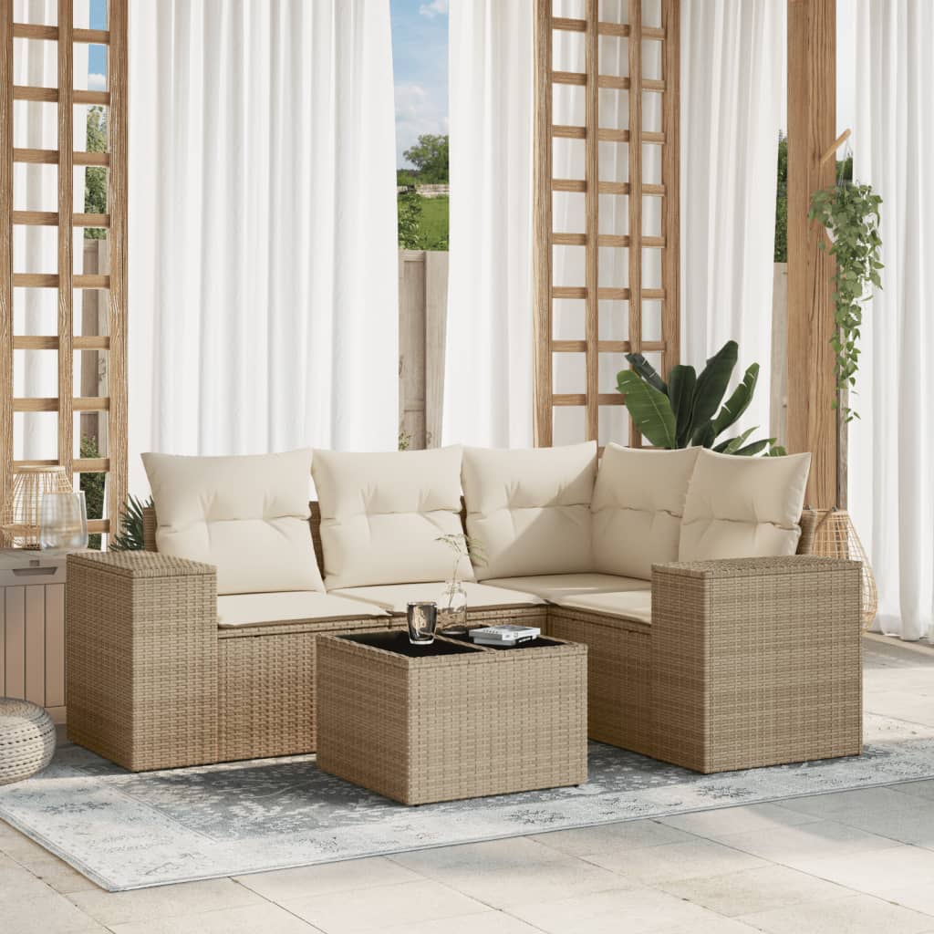 5-delige Loungeset met kussens poly rattan beige
