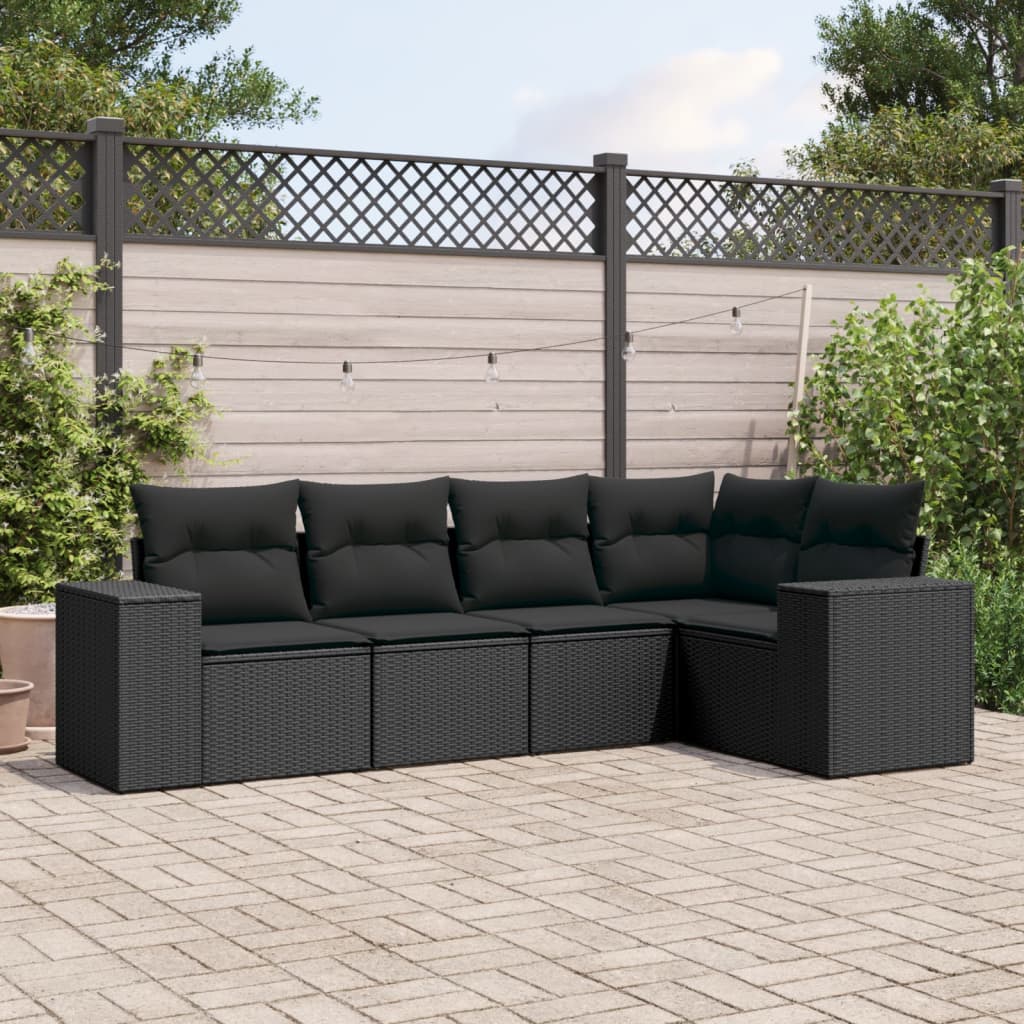 5-delige Loungeset met kussens poly rattan zwart – afbeelding 1