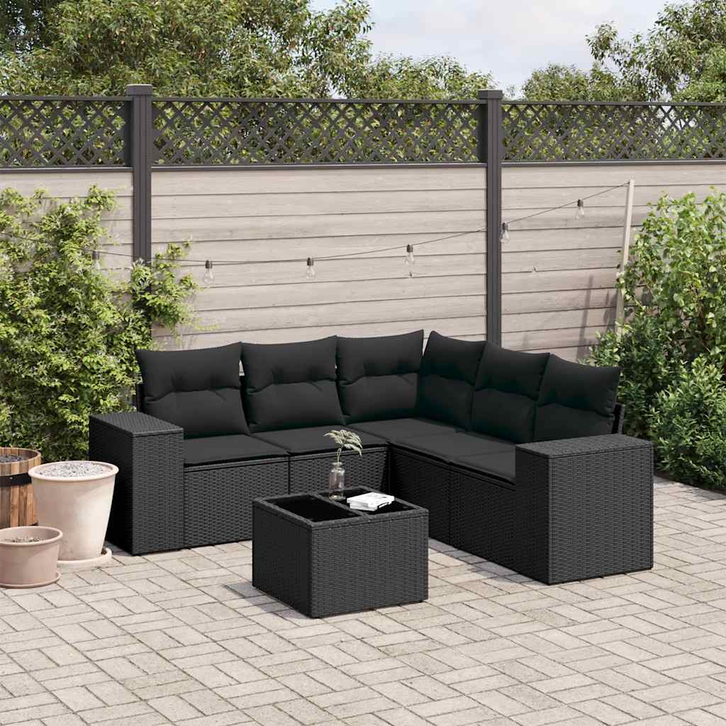 6-delige Loungeset met kussens poly rattan zwart – afbeelding 1