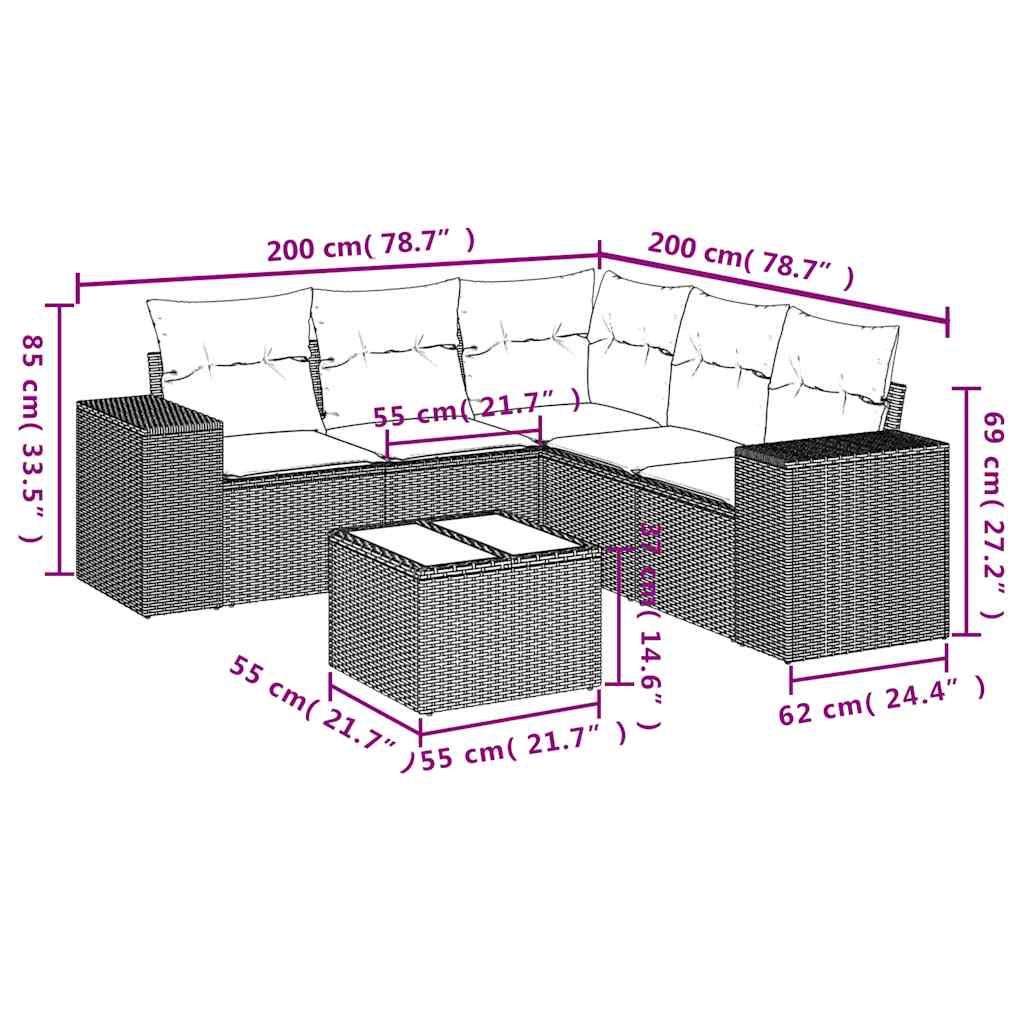 6-delige Loungeset met kussens poly rattan zwart – afbeelding 8