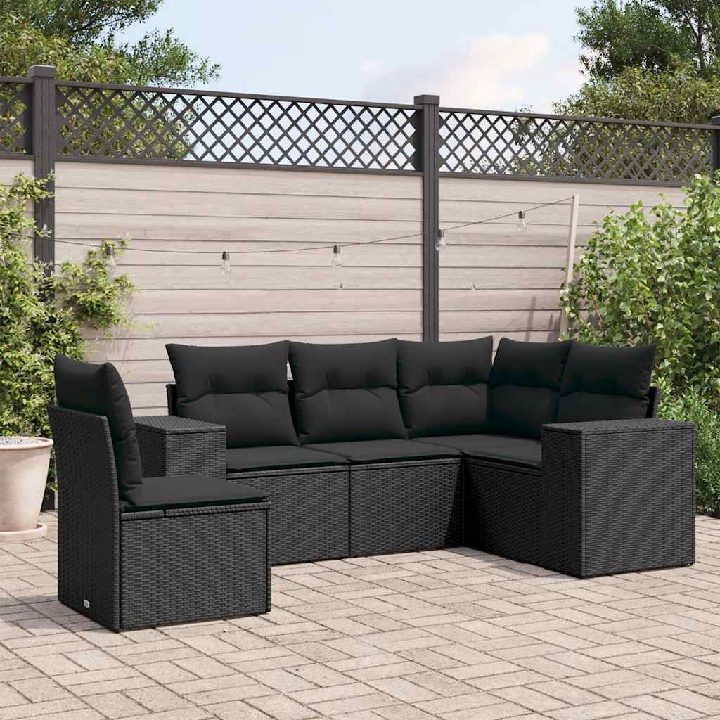 5-delige Loungeset met kussens poly rattan zwart