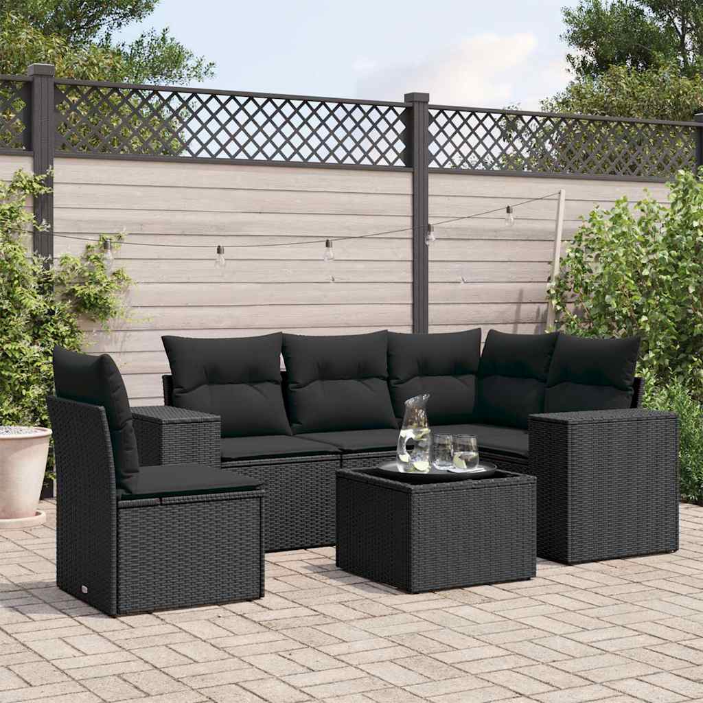 6-delige Loungeset met kussens poly rattan zwart – afbeelding 1