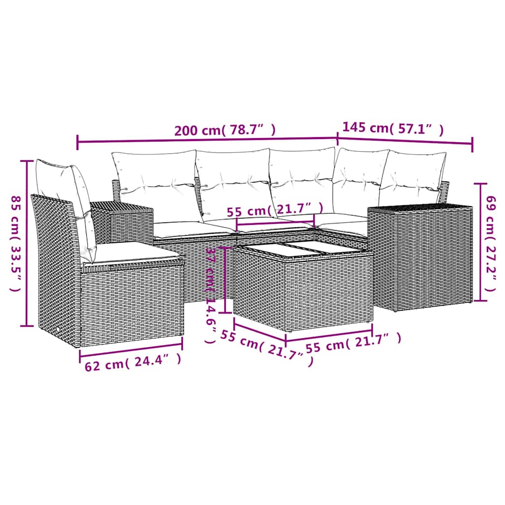 6-delige Loungeset met kussens poly rattan zwart – afbeelding 8