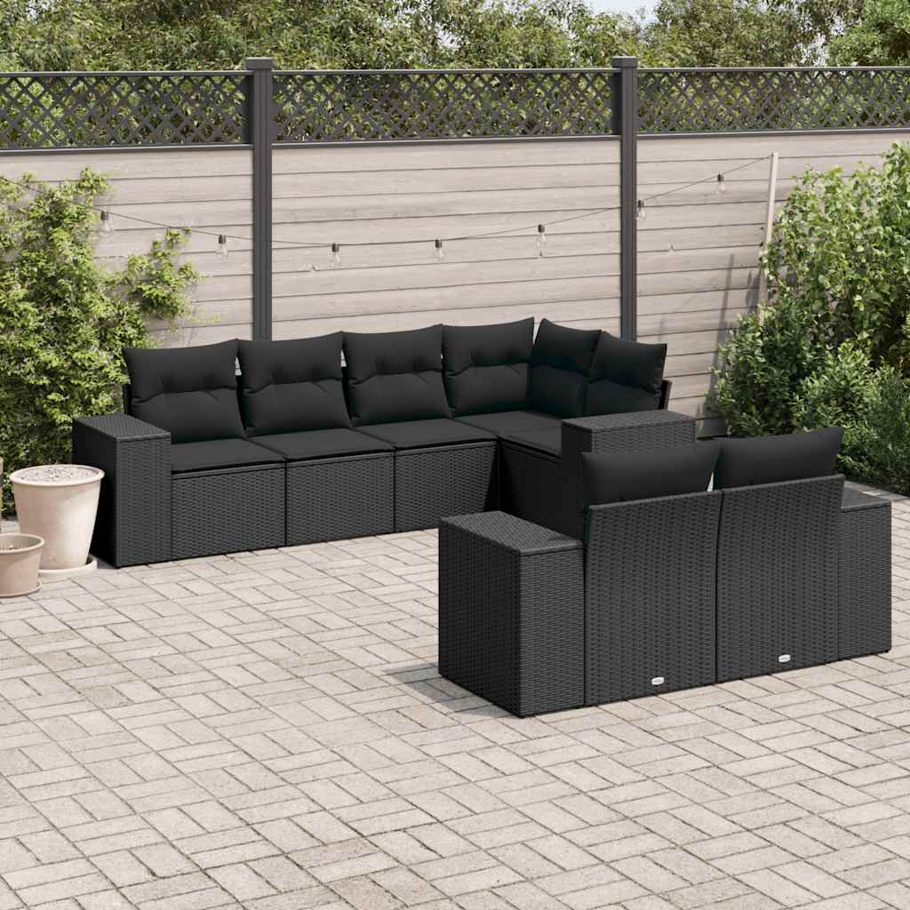 7-delige Loungeset met kussens poly rattan zwart – afbeelding 1