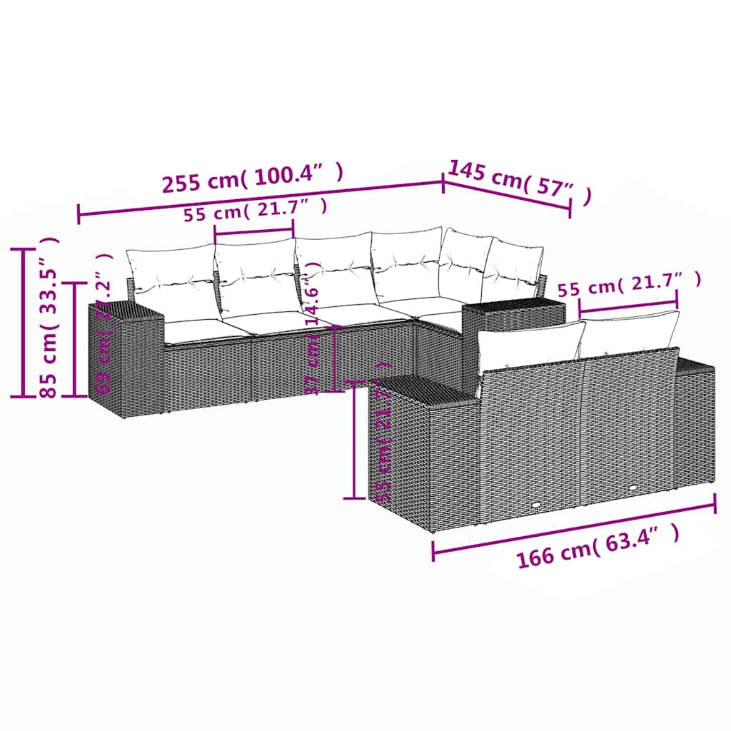 7-delige Loungeset met kussens poly rattan zwart – afbeelding 7