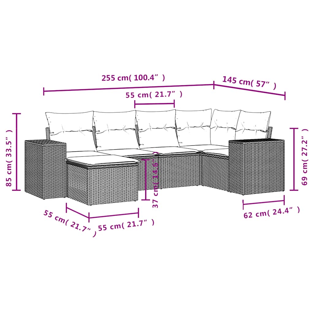 6-delige Loungeset met kussens poly rattan zwart – afbeelding 8