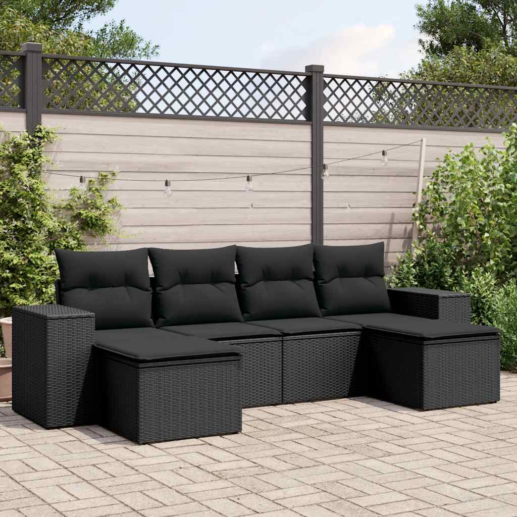 6-delige Loungeset met kussens poly rattan zwart – afbeelding 1
