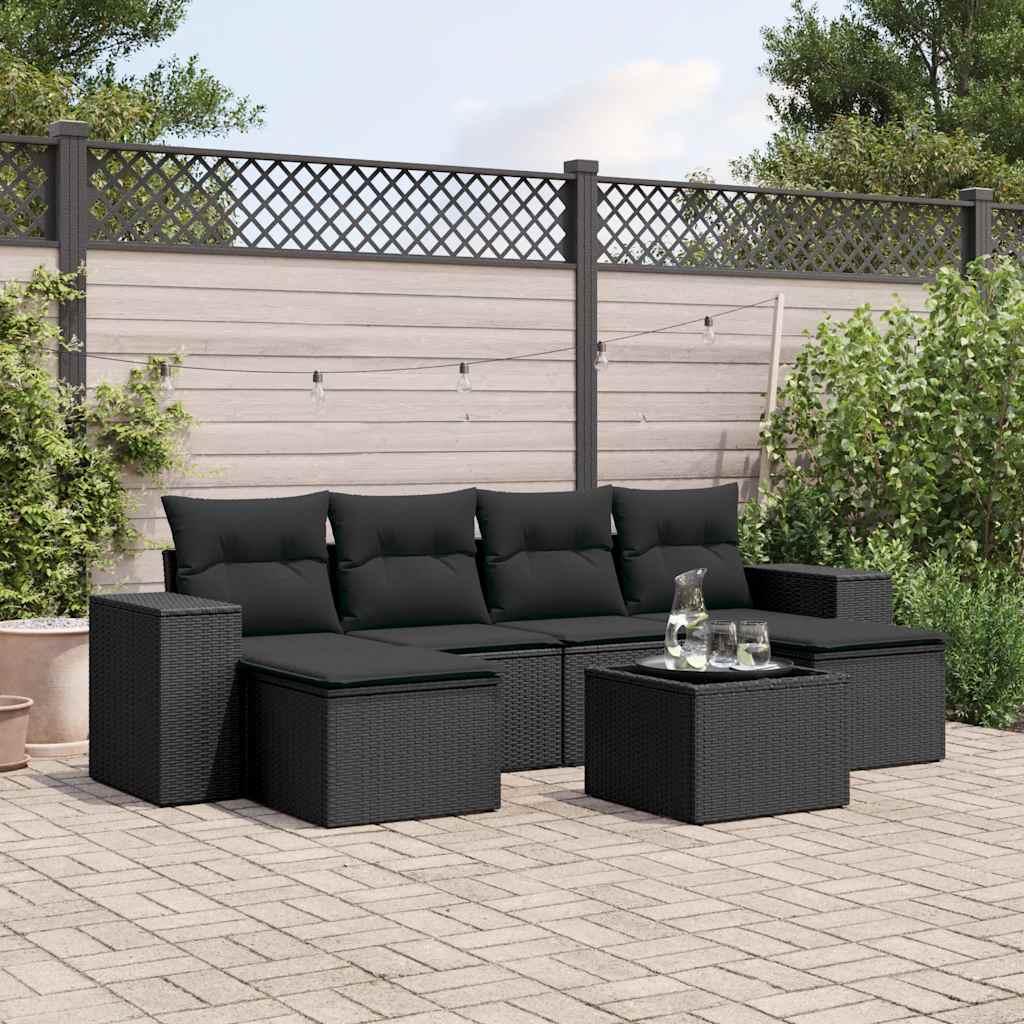 7-delige Loungeset met kussens poly rattan zwart – afbeelding 1
