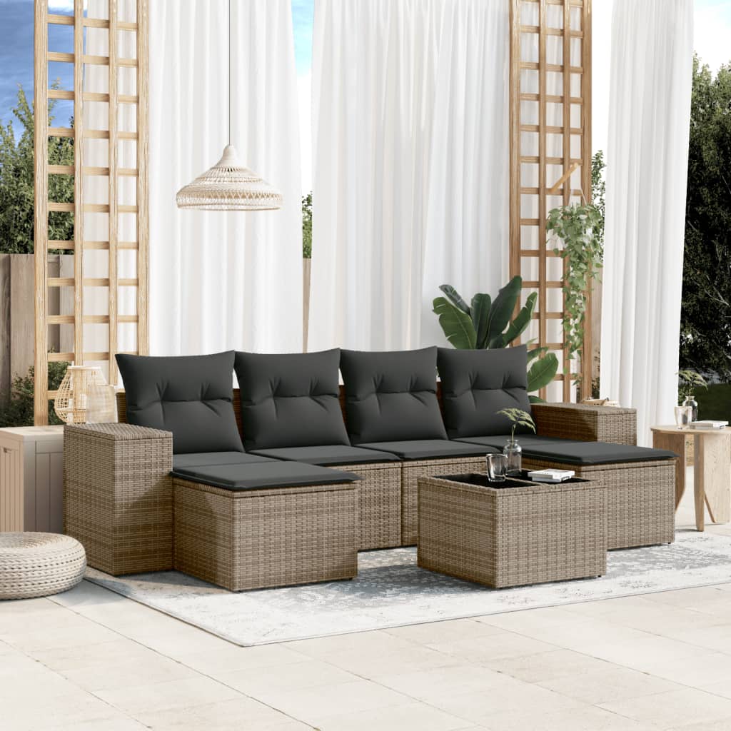 7-delige Loungeset met kussens poly rattan grijs – afbeelding 1