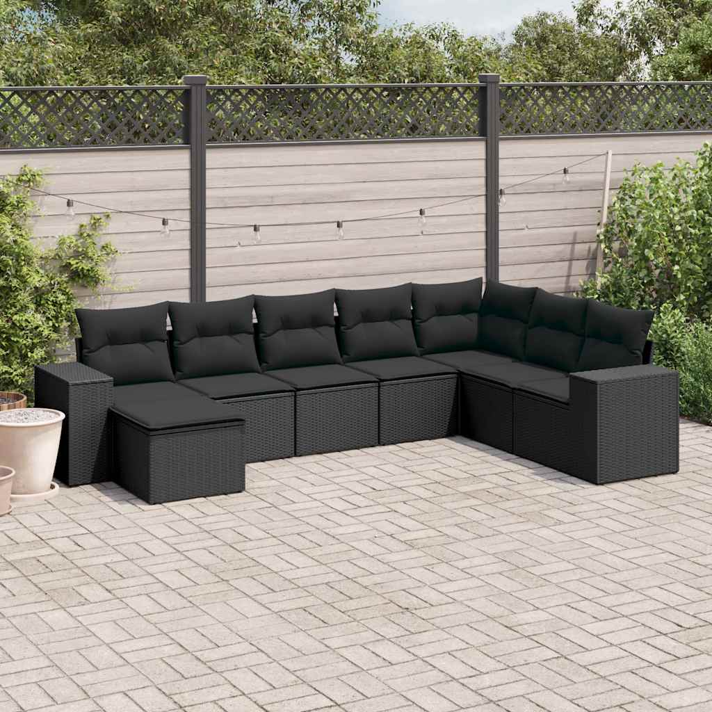 8-delige Loungeset met kussens poly rattan zwart – afbeelding 1