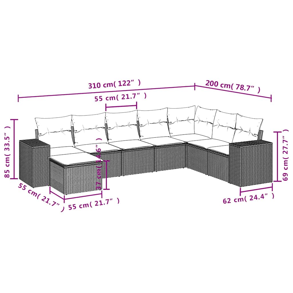 8-delige Loungeset met kussens poly rattan zwart – afbeelding 8