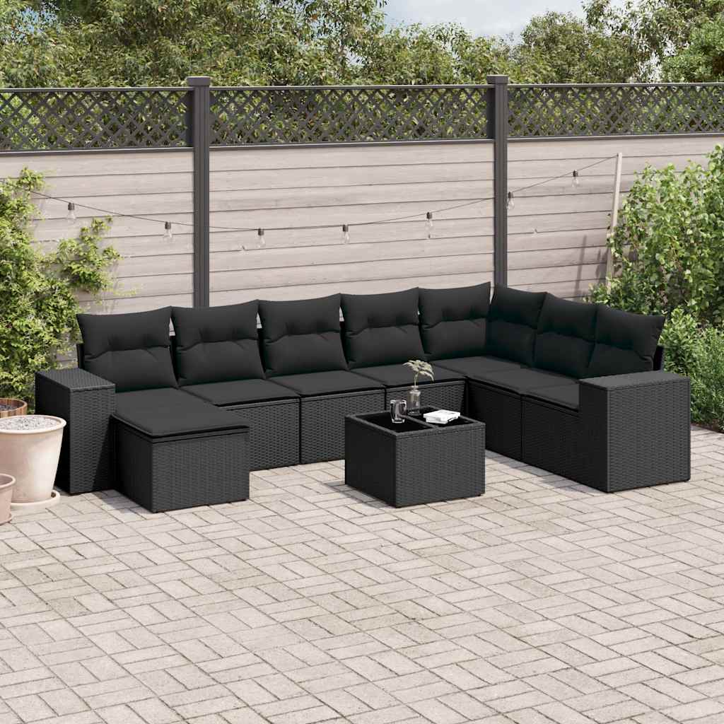 9-delige Loungeset met kussens poly rattan zwart – afbeelding 1