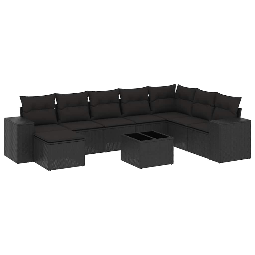 9-delige Loungeset met kussens poly rattan zwart – afbeelding 2