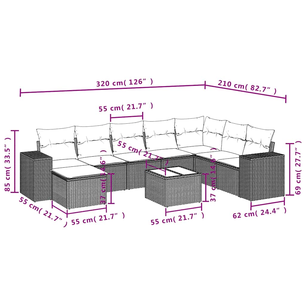 9-delige Loungeset met kussens poly rattan zwart – afbeelding 9