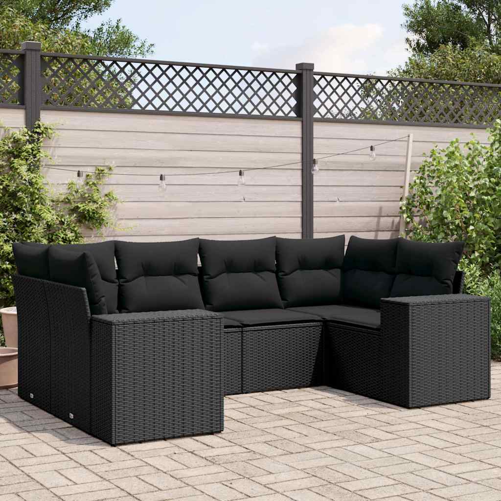6-delige Loungeset met kussens poly rattan zwart – afbeelding 1