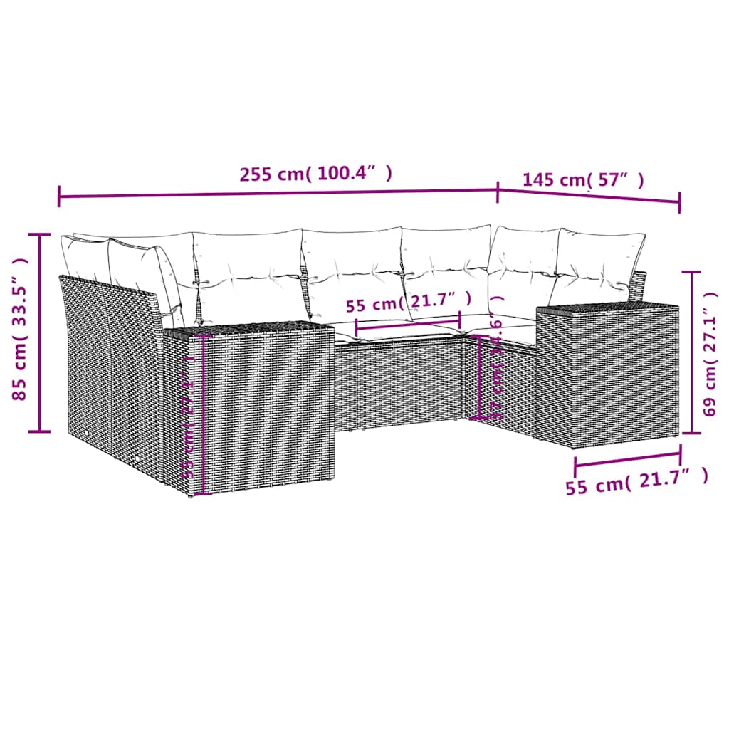 6-delige Loungeset met kussens poly rattan zwart – afbeelding 7