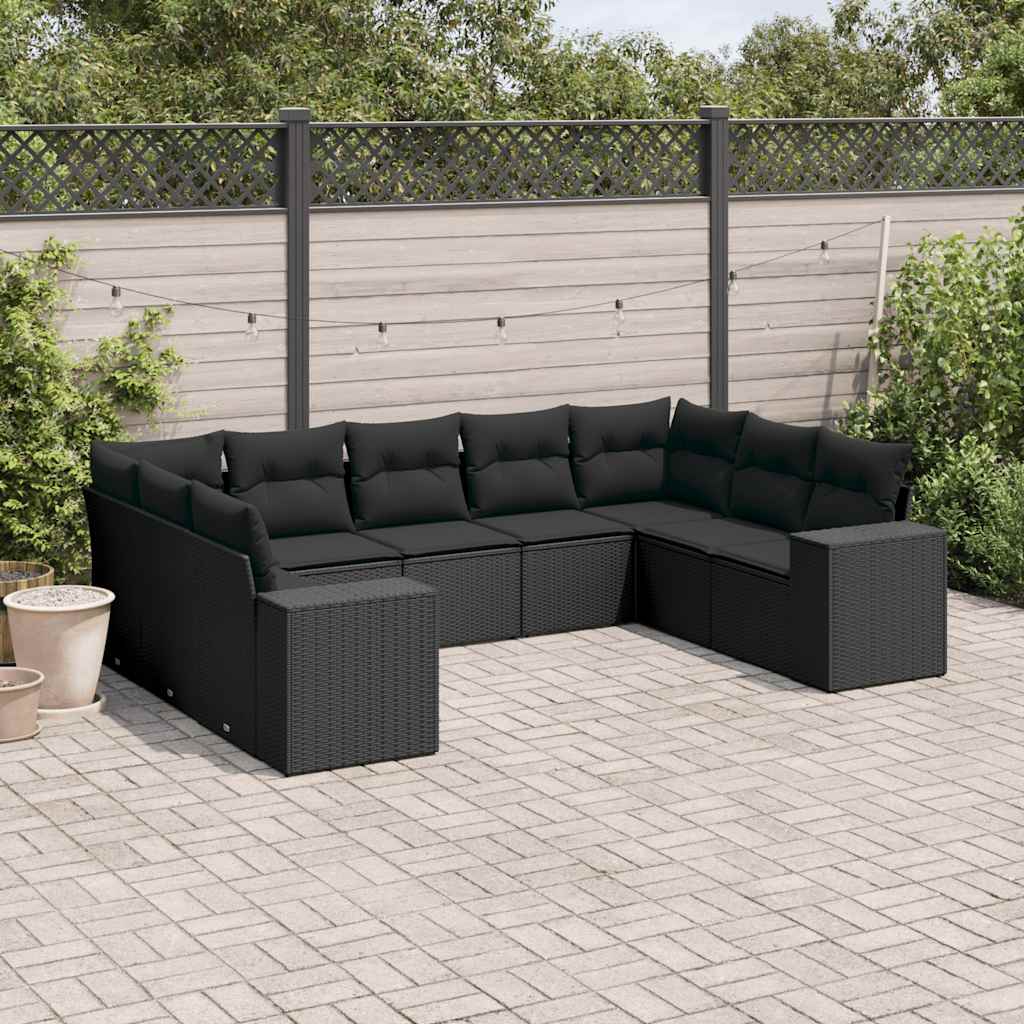 9-delige Loungeset met kussens poly rattan zwart – afbeelding 1