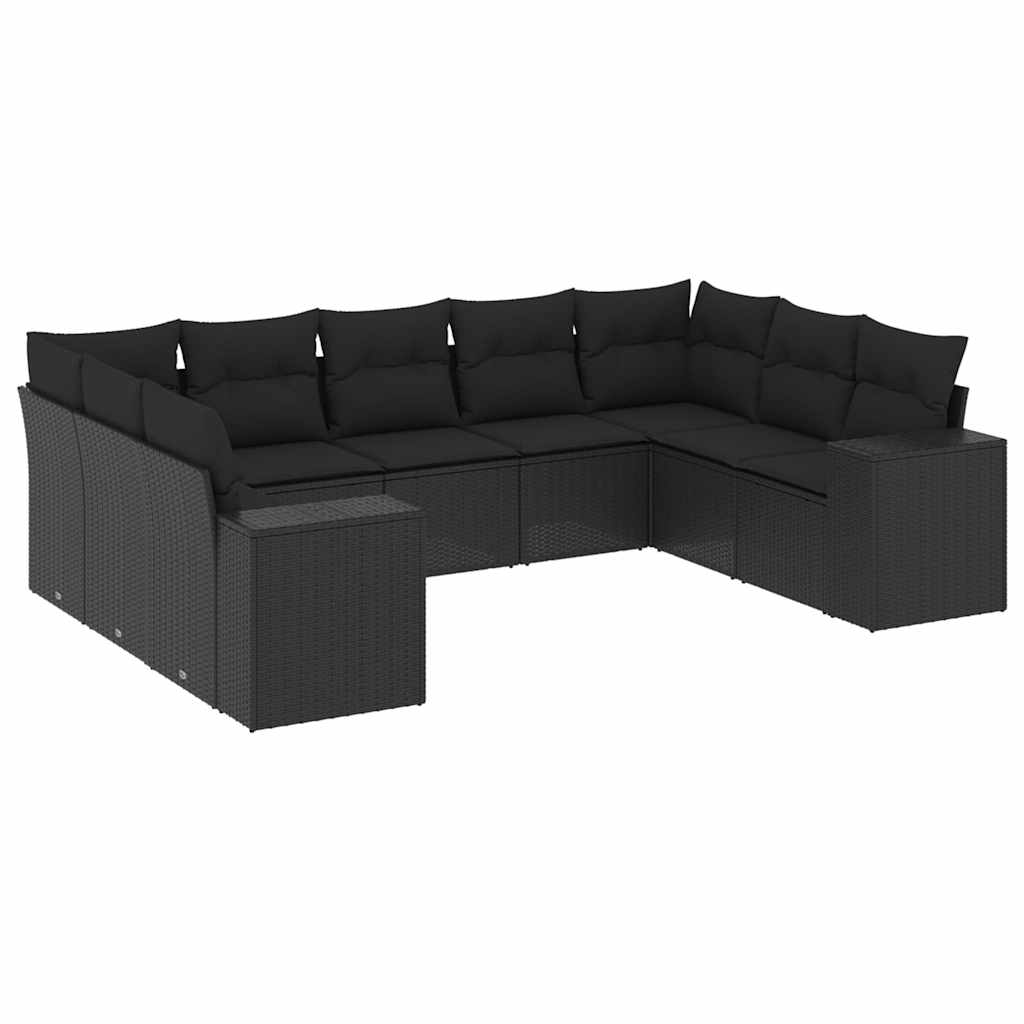 9-delige Loungeset met kussens poly rattan zwart – afbeelding 2