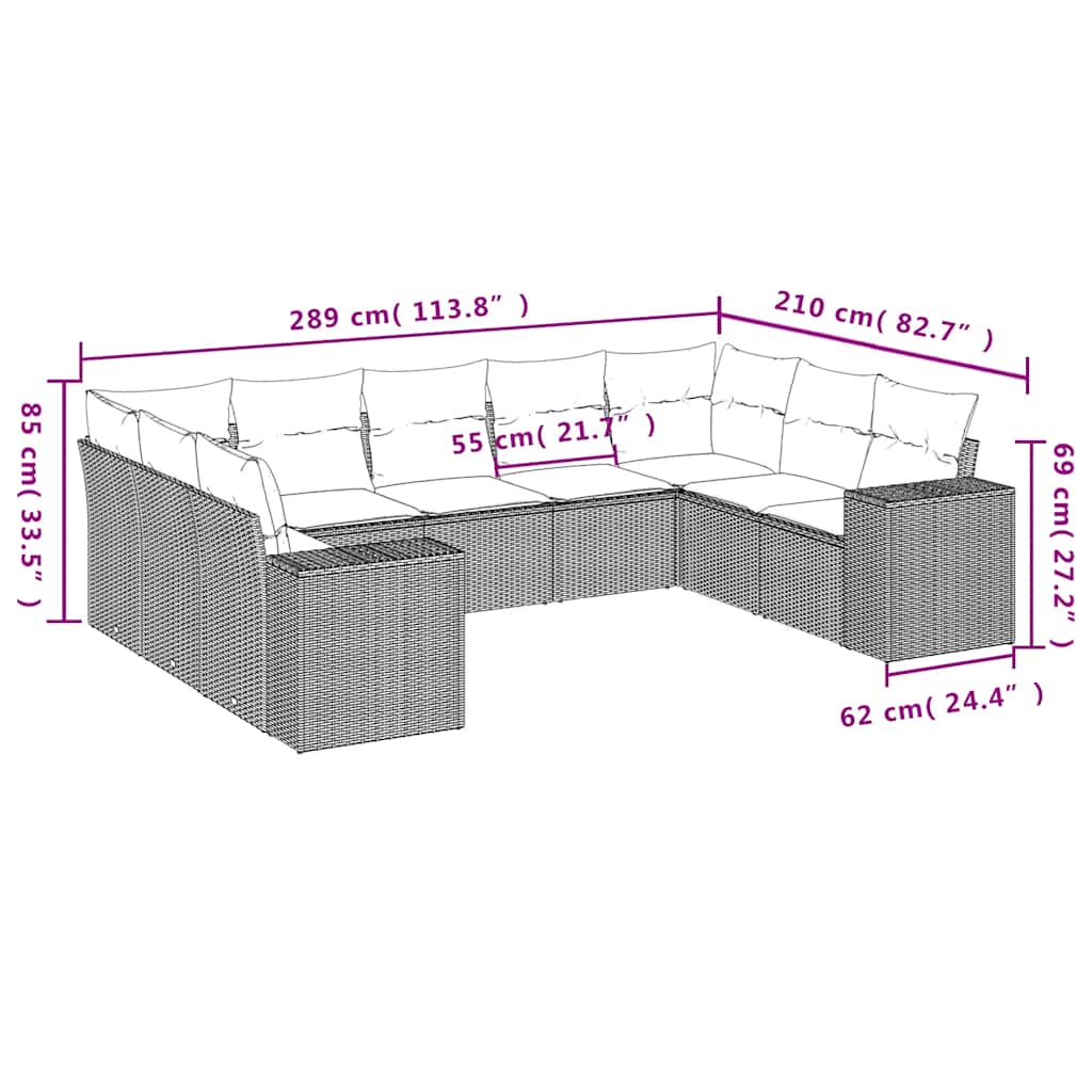 9-delige Loungeset met kussens poly rattan zwart – afbeelding 7