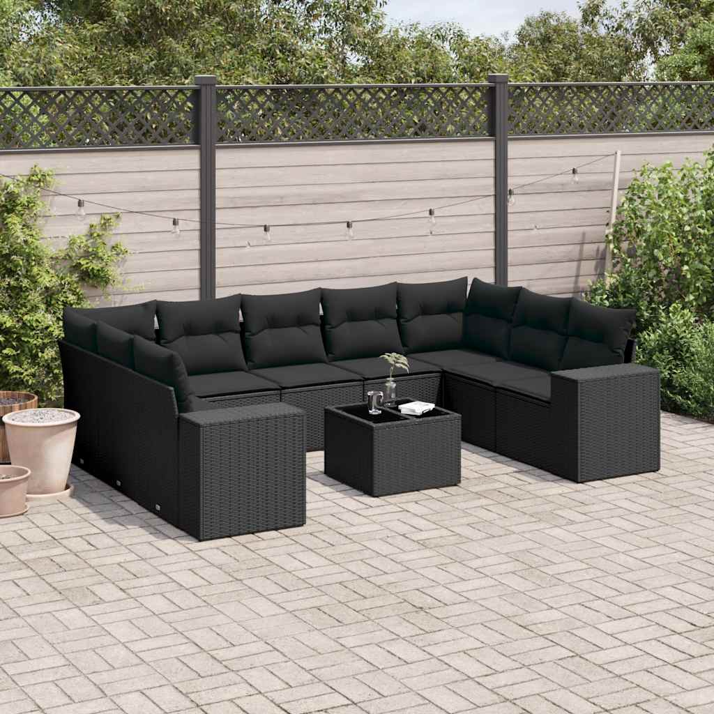 10-delige Loungeset met kussens poly rattan zwart – afbeelding 1