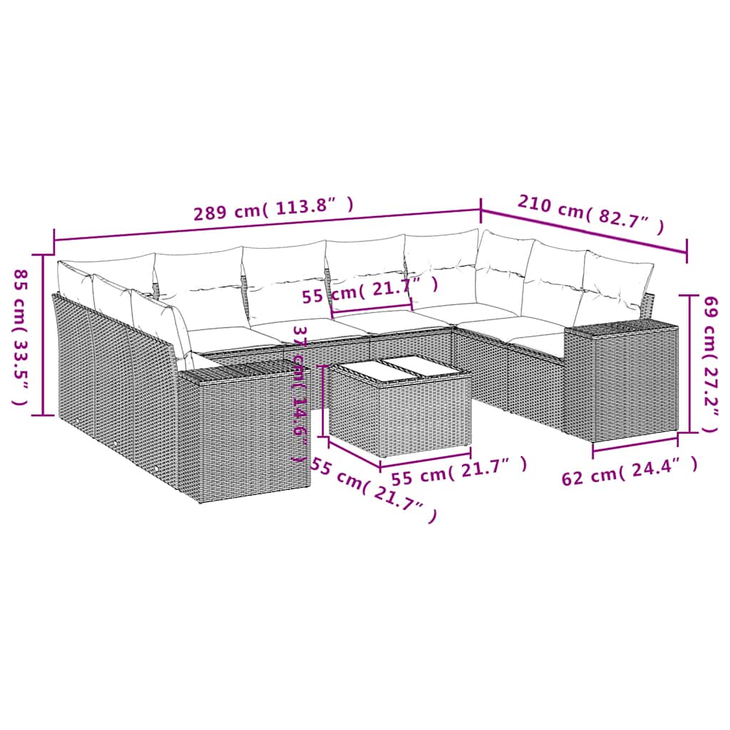 10-delige Loungeset met kussens poly rattan zwart – afbeelding 8
