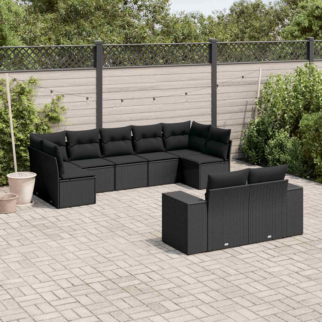 9-delige Loungeset met kussens poly rattan zwart – afbeelding 1