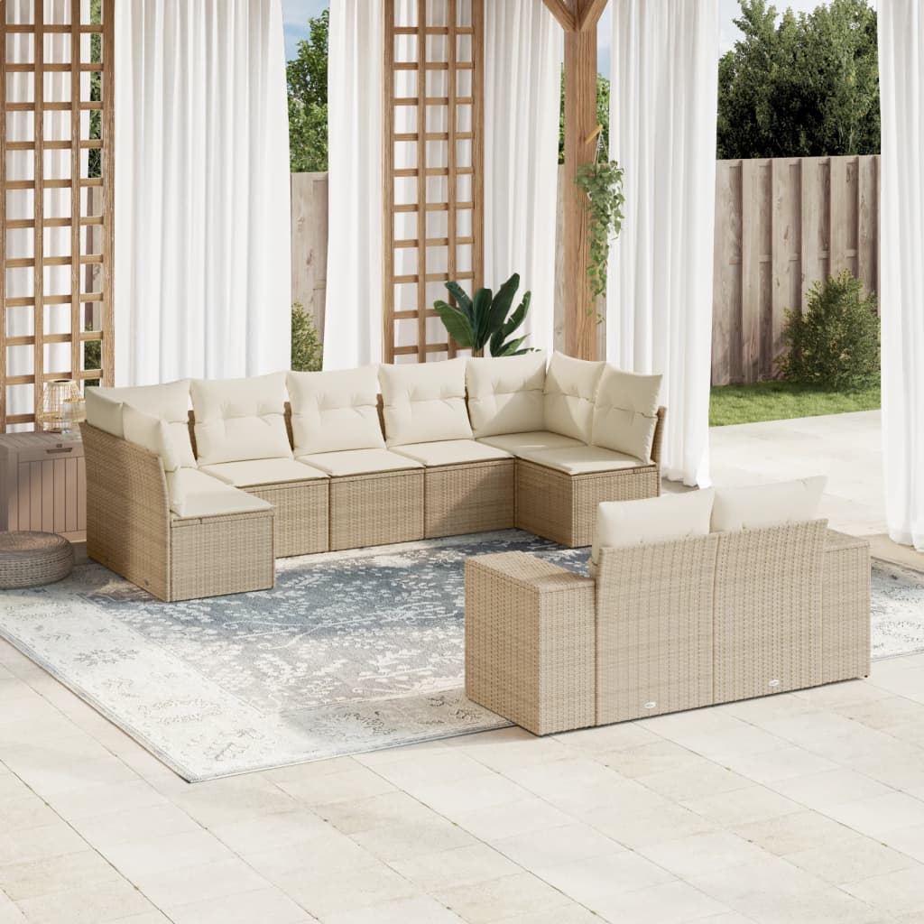 9-delige Loungeset met kussens poly rattan beige – afbeelding 1