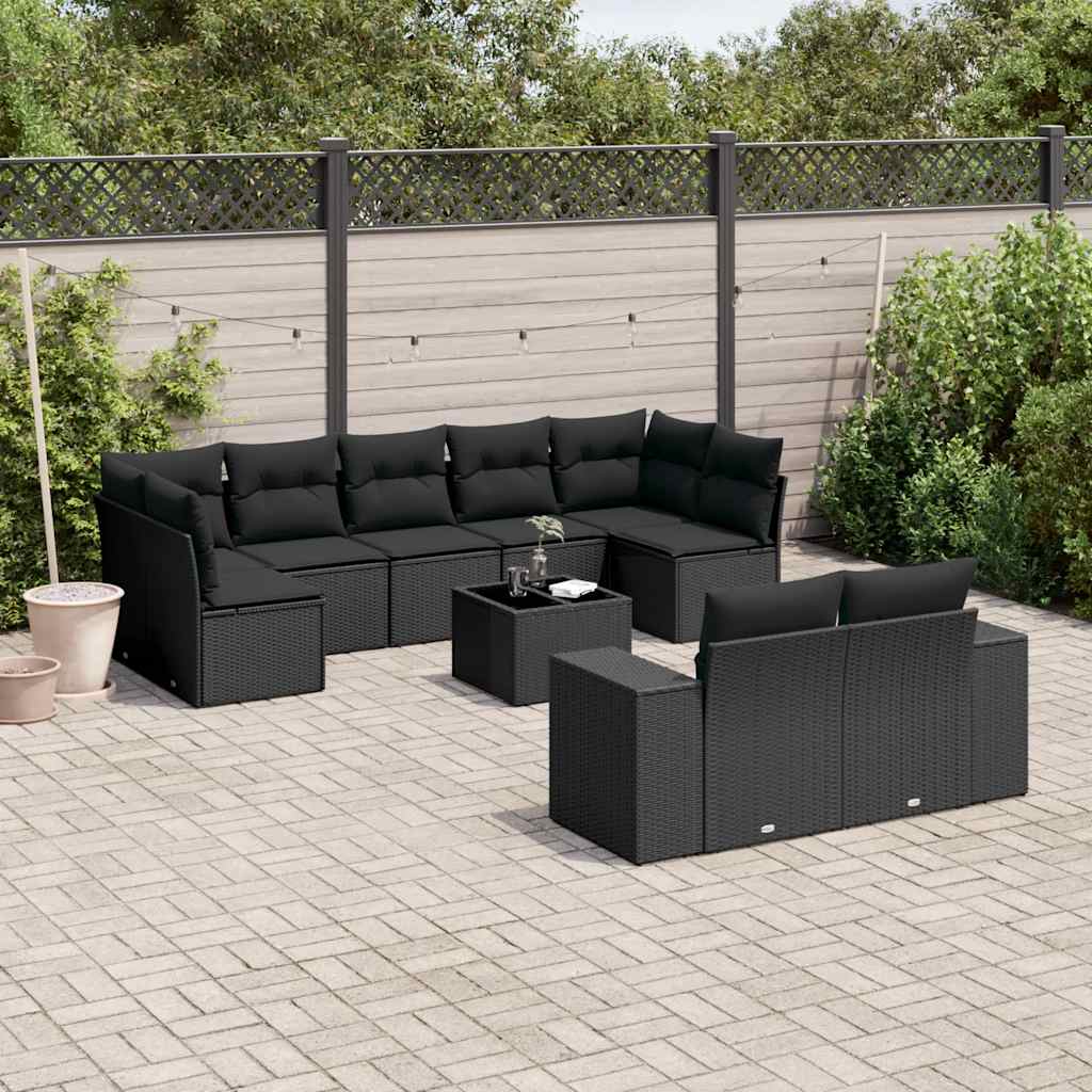 10-delige Loungeset met kussens poly rattan zwart – afbeelding 1