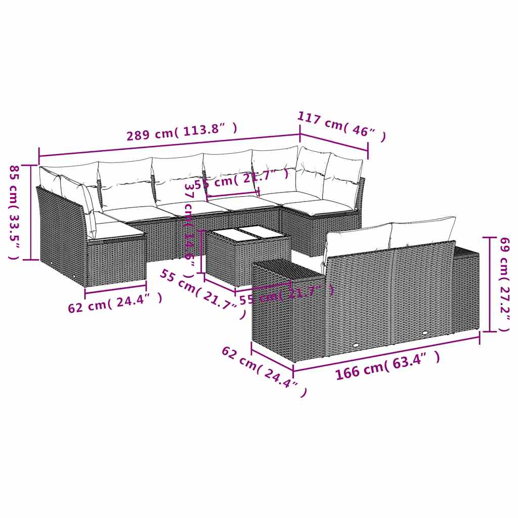 10-delige Loungeset met kussens poly rattan zwart – afbeelding 8