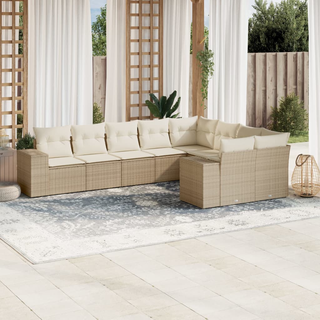 9-delige Loungeset met kussens poly rattan beige – afbeelding 1